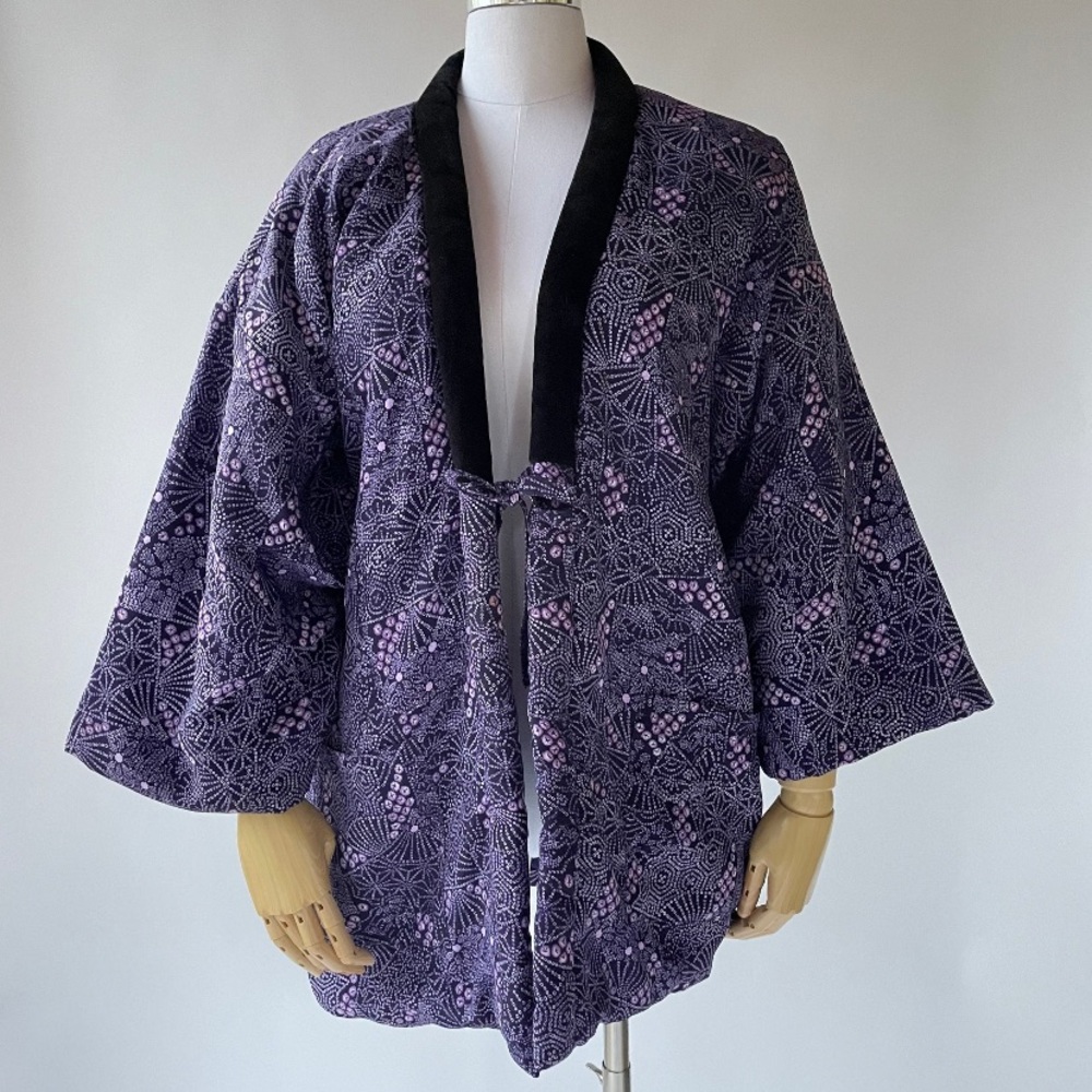 Vintage purple fan print padded kimono small